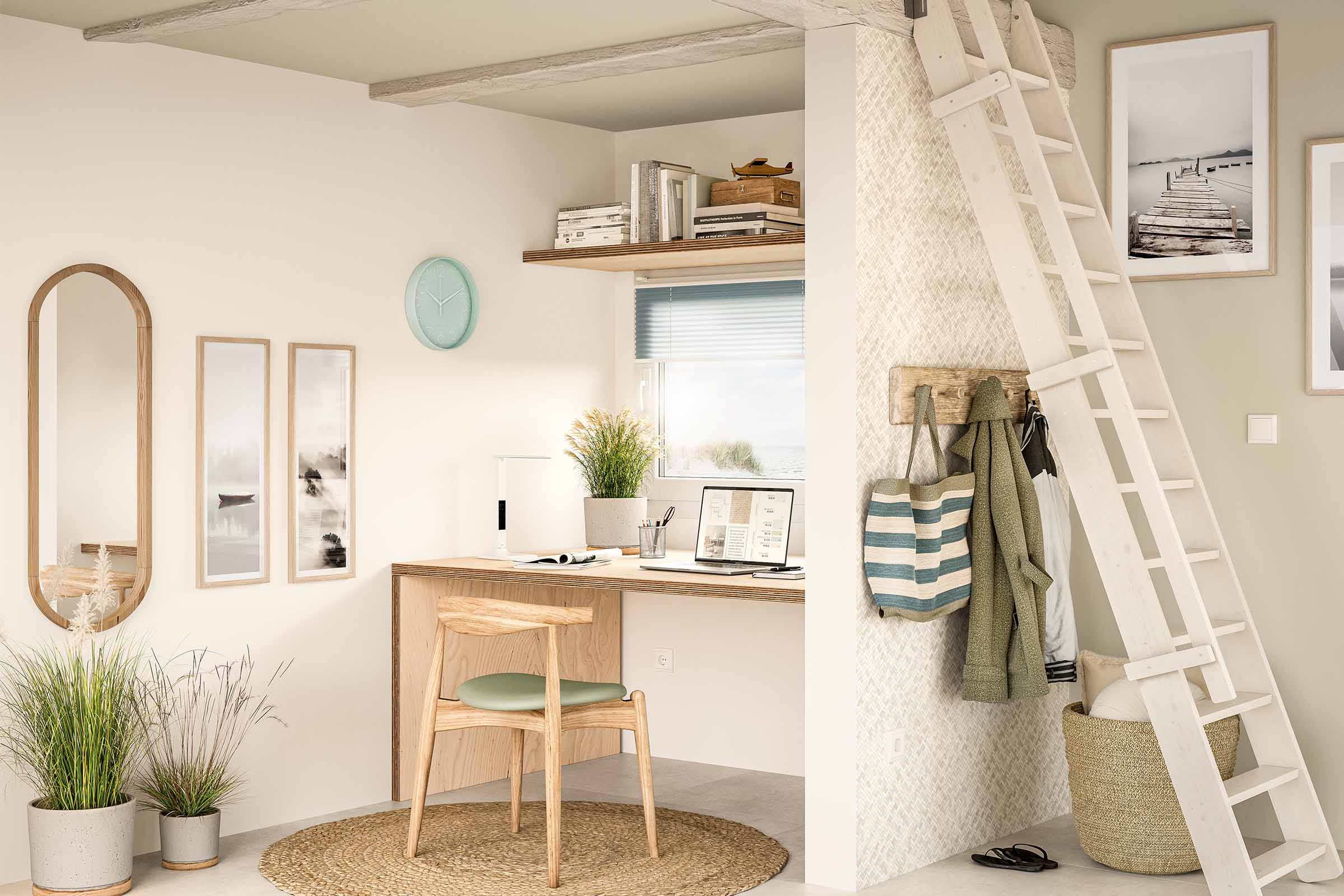 Lichte kamer met houten bureau, stoel, ladder en decoraties voor een werkruimte