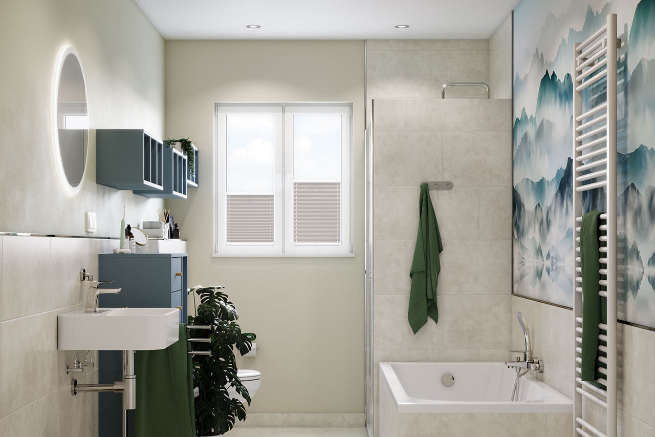 Moderne badkamer met wastafel, spiegel, bad en radiator