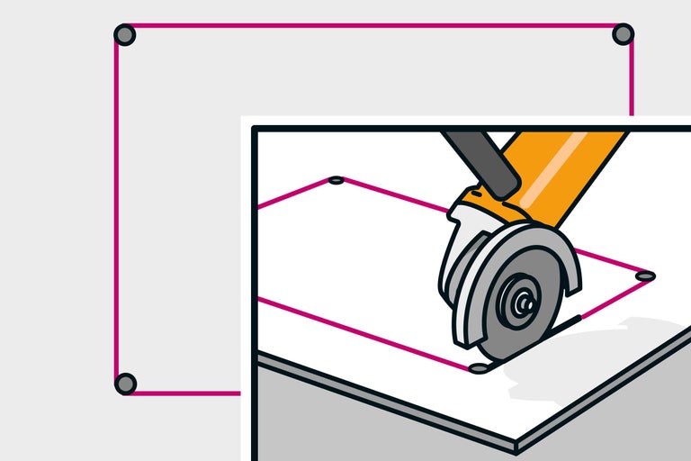 Illustratie van het snijden van een tegel met een haakse slijper langs een getekende lijn