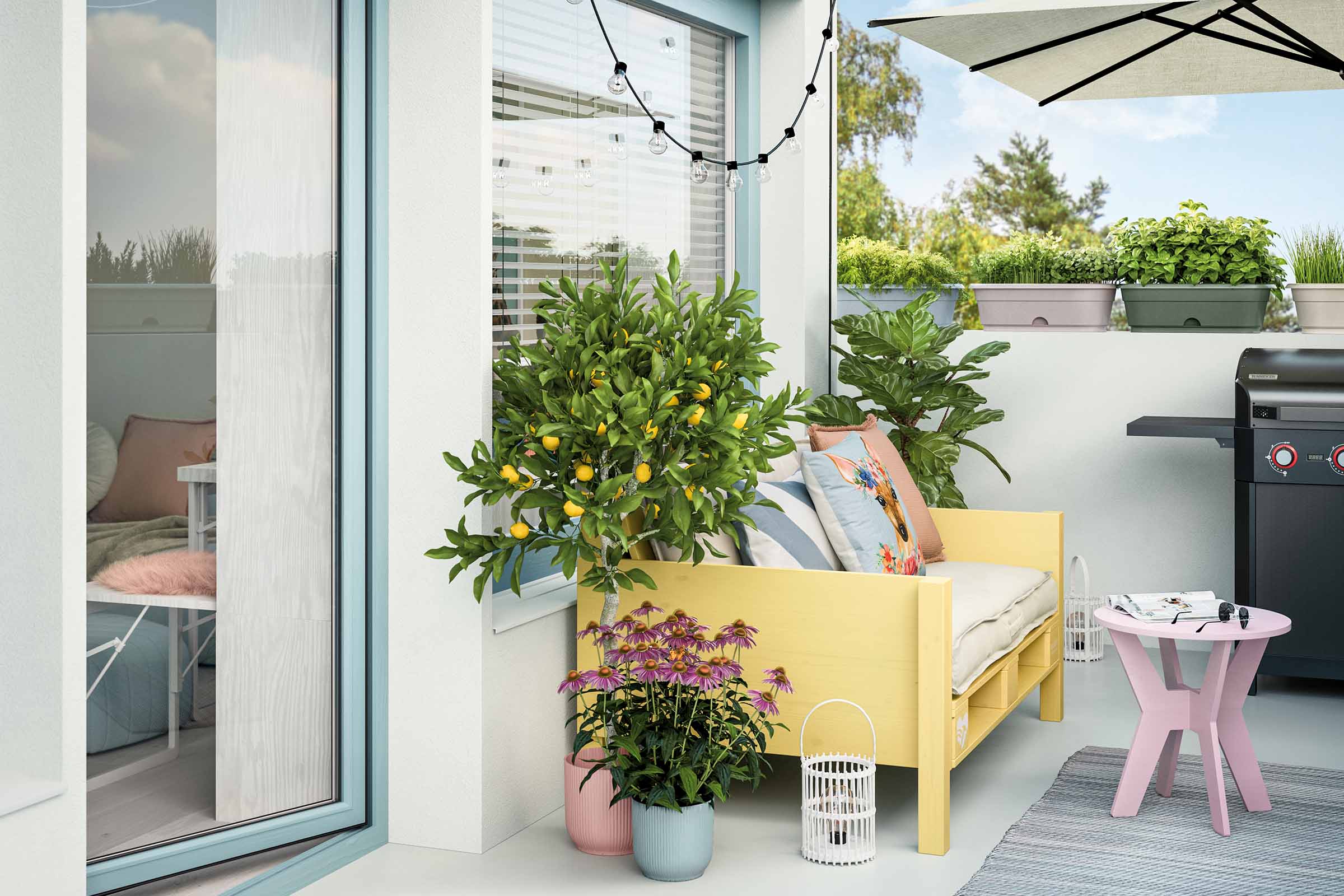 Ingericht balkon met zitje, planten en barbecue