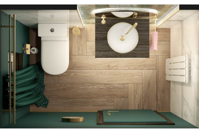 Vogelperspectief van een badkamer met toilet, wastafel, handdoekradiator en houten vloer