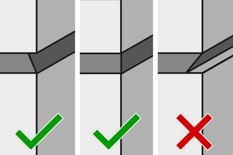 Illustratie van correcte en incorrecte voegafdichting met bijbehorende symbolen