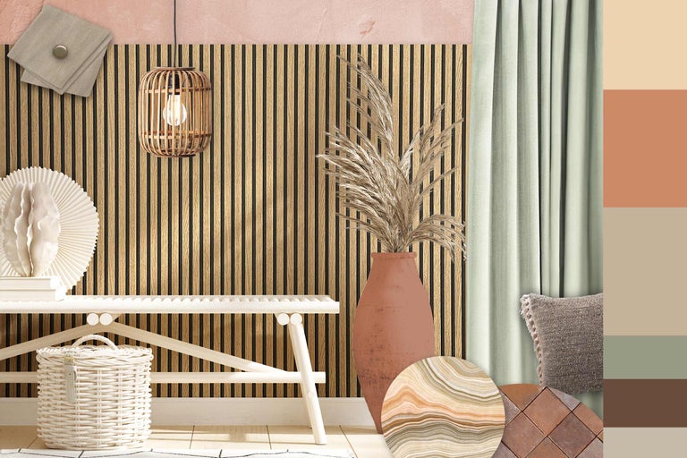 Decoratieve kamerinrichting met houten panelen, bank, lamp en woonaccessoires.