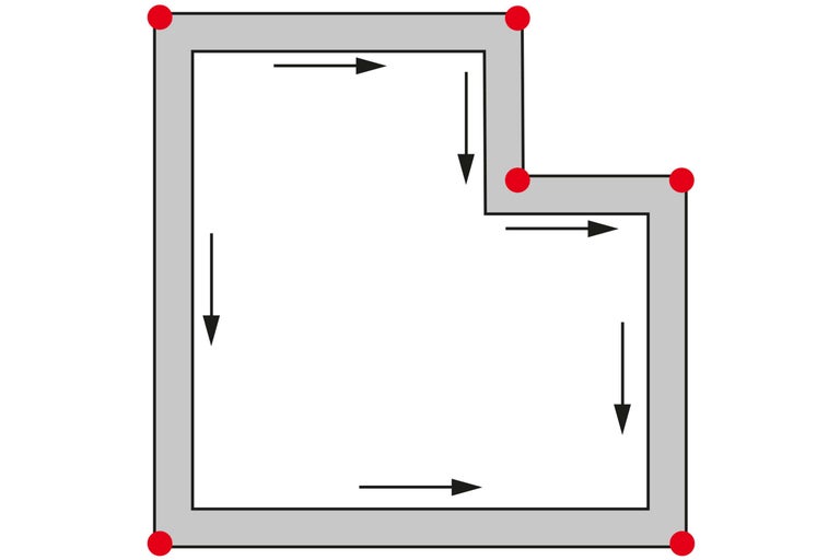 Schets van een ruimte met looprichting