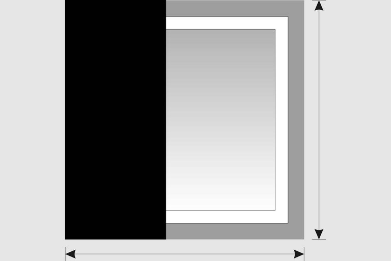 Schematische weergave van een schuifelement met breedte- en hoogte-indicatie.