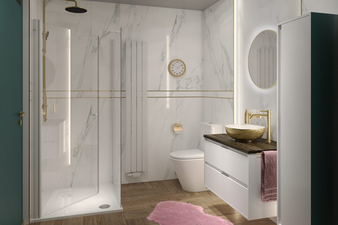 Badkamer met douche, wastafel, spiegel en toilet