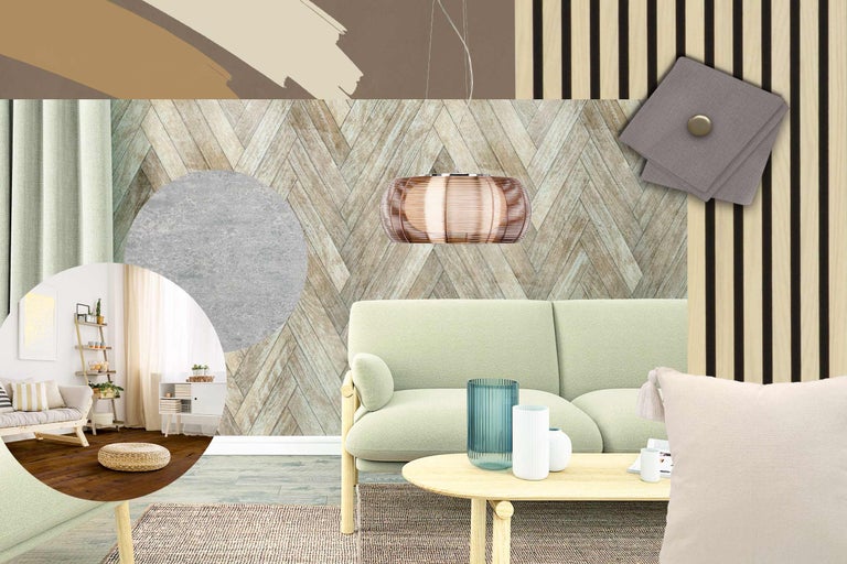 Sfeervolle wooncollage met meubels en decoraties voor een gezellig thuis.
