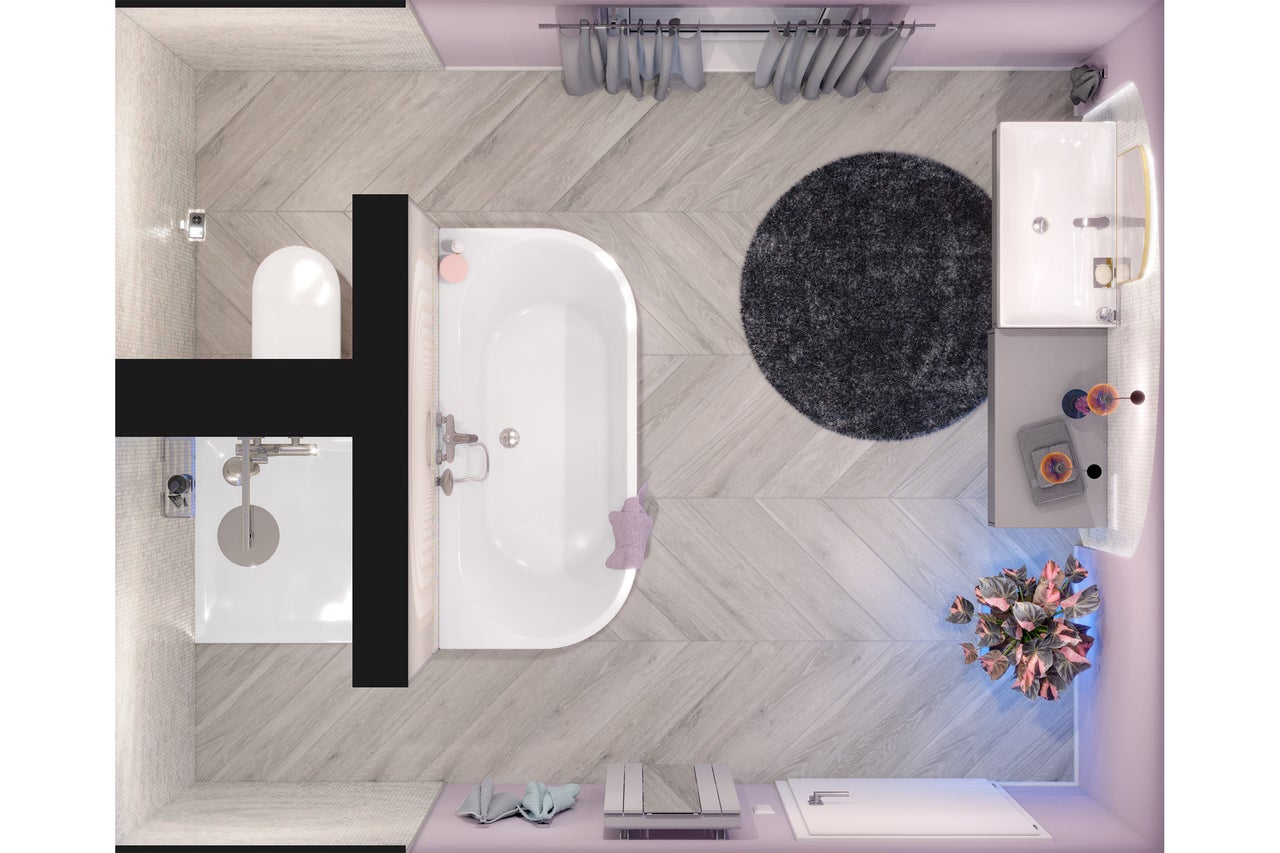 Bovenaanzicht van een badkamer met douche, toilet, bad, wastafel, rond vloerkleed en kamerplant