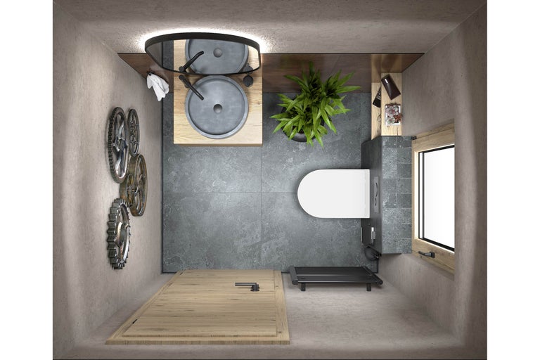 Badkamer met wastafel, toilet, raam en decoraties in industriële stijl, bovenaanzicht.