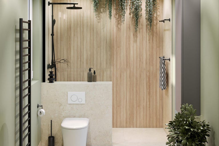 Moderne badkamer met douche, toilet en houten wandbekleding
