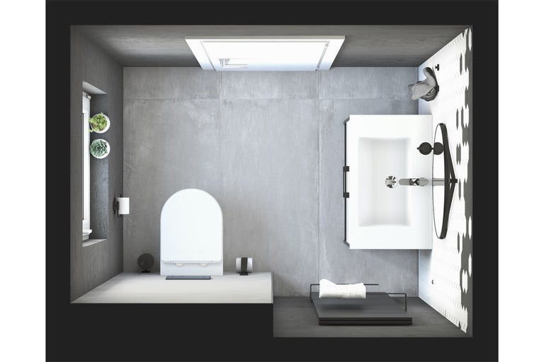 Lichte en ruime badkameroverzicht met toilet, wastafel en decoraties.