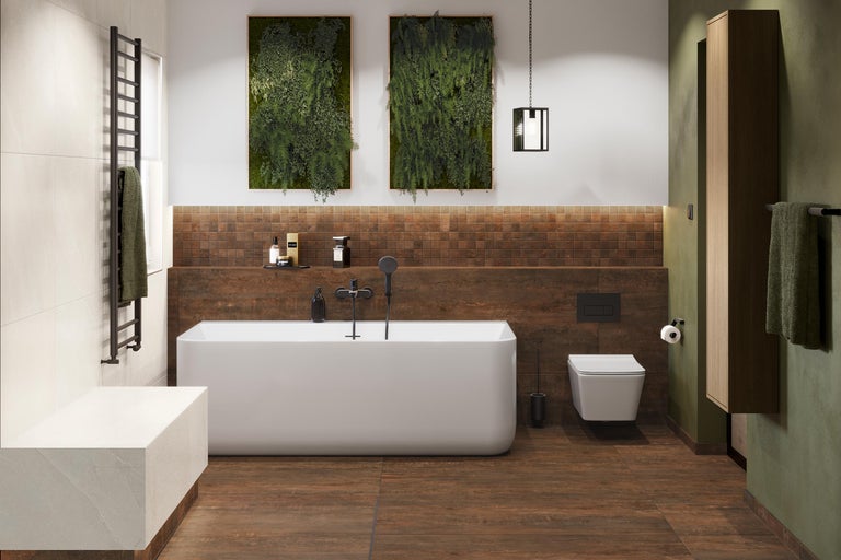 Moderne badkamer met vrijstaand bad, hangend toilet, bruine tegels met houtlook en verticale handdoekradiator.