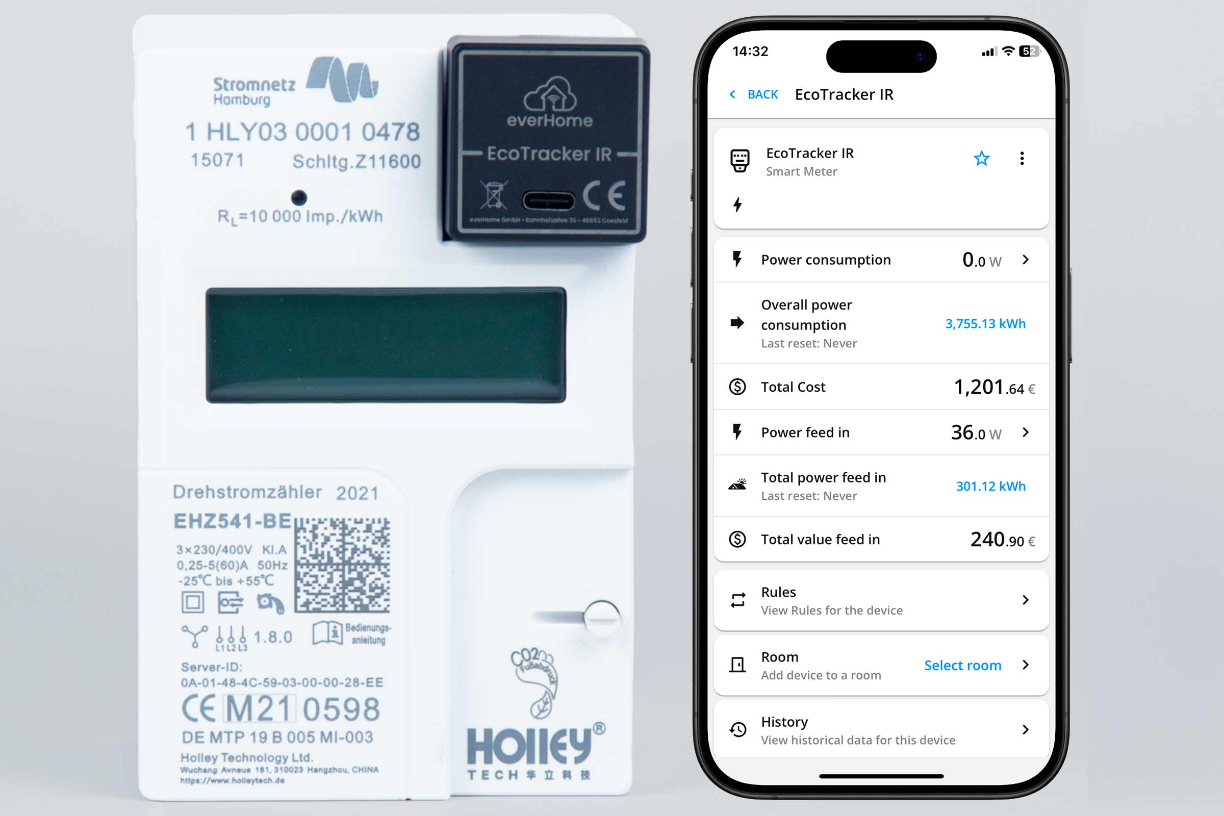 Elektriciteitsmeter met bevestigde EcoTracker IR en smartphone-app voor verbruiksweergave