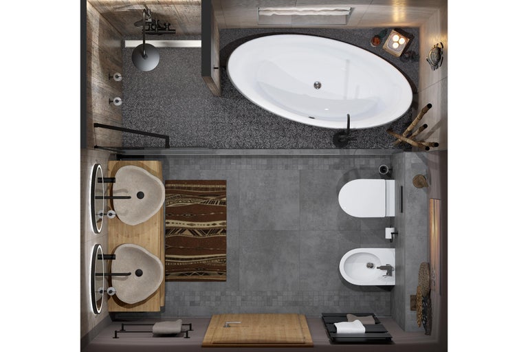 Bovenaanzicht van een badkamer met bad, douche, twee wastafels, toilet en bidet