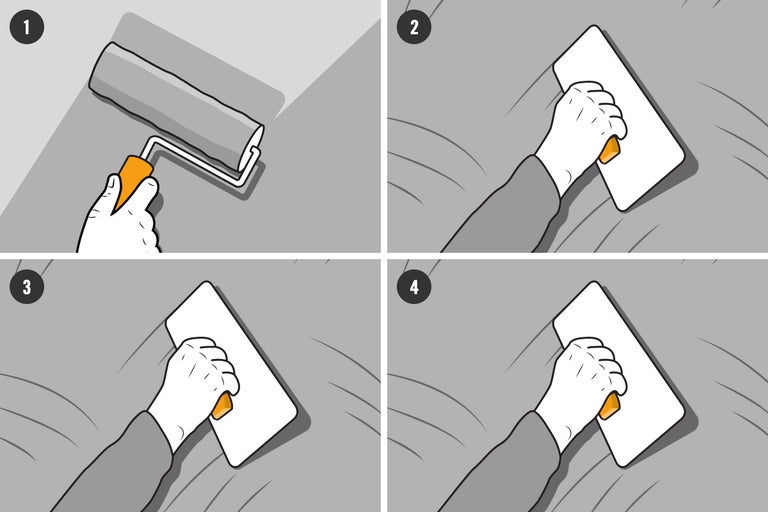 Illustratie van de verwerking van Venetiaanse stuctechniek in vier stappen: aanbrengen met verfroller, gladmaken met Venetiaanse spaan