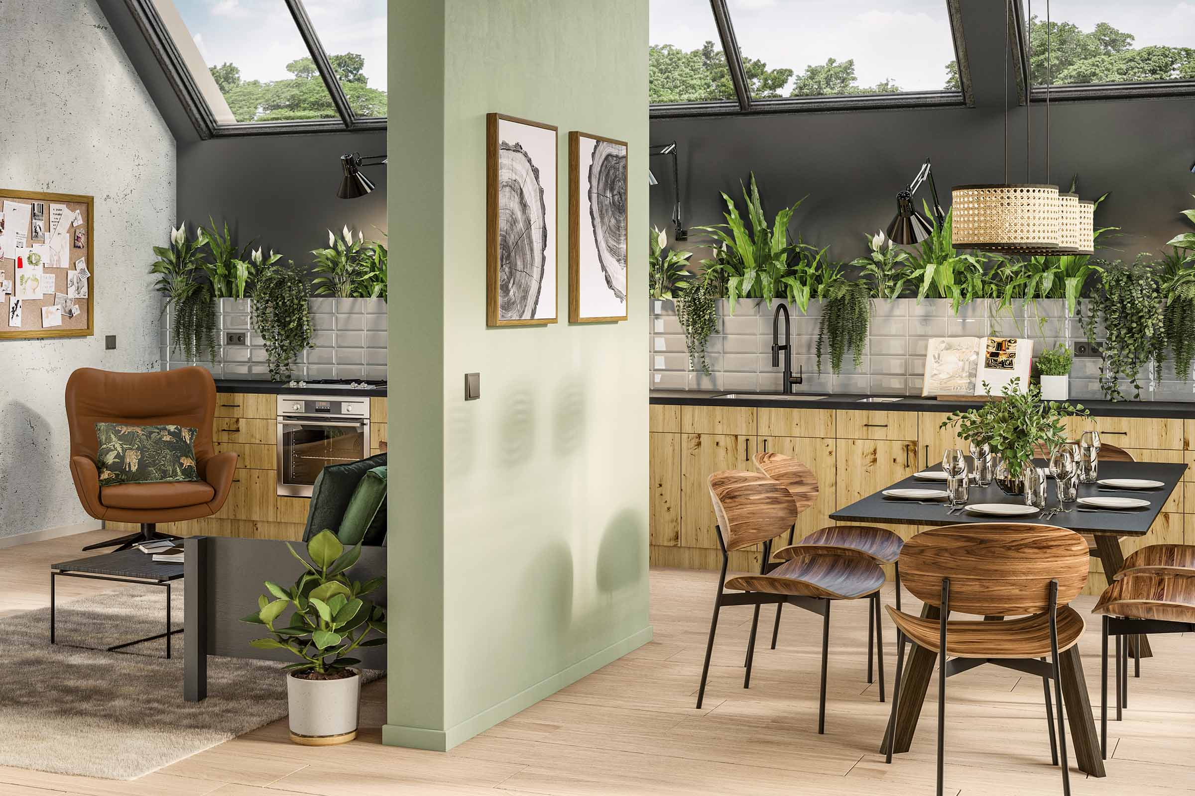 Lichte woonkamer met houten keukenblok, eettafel, stoelen en kamerplanten