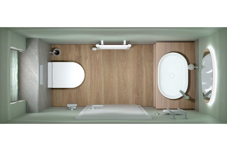 Bovenaanzicht van een moderne badkamer met toilet, ovale wastafel op een houten meubel, douche en spiegel. Vloer met houtlook.