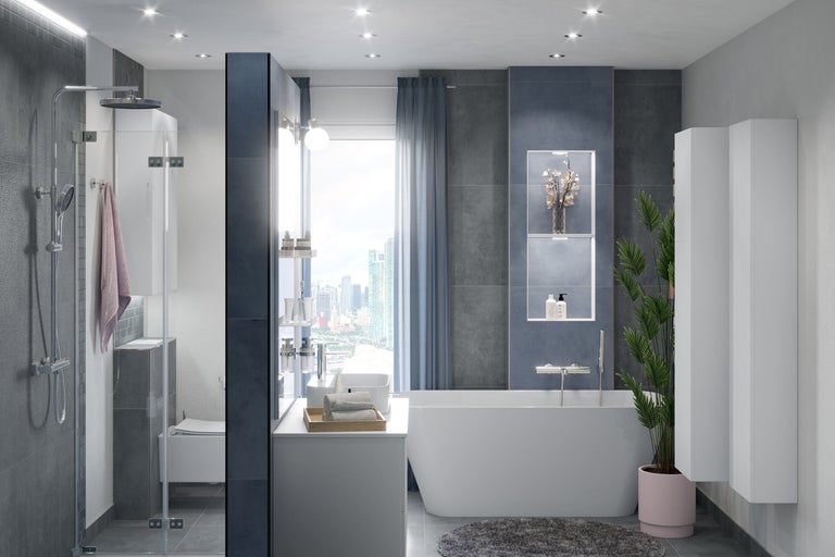 Moderne badkamer met douche, bad, wastafel en badkamermeubels
