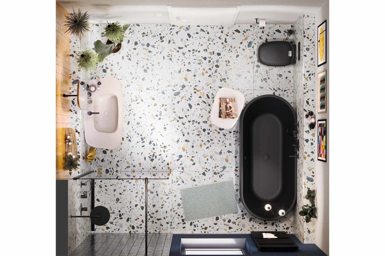 Vogelperspectief van een badkamer met ligbad, wastafel, toilet en tegelvloer