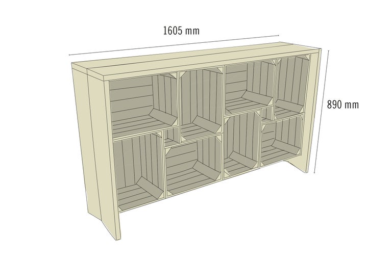 Kast met negen vakken, afmetingen 1605 mm breed en 890 mm hoog