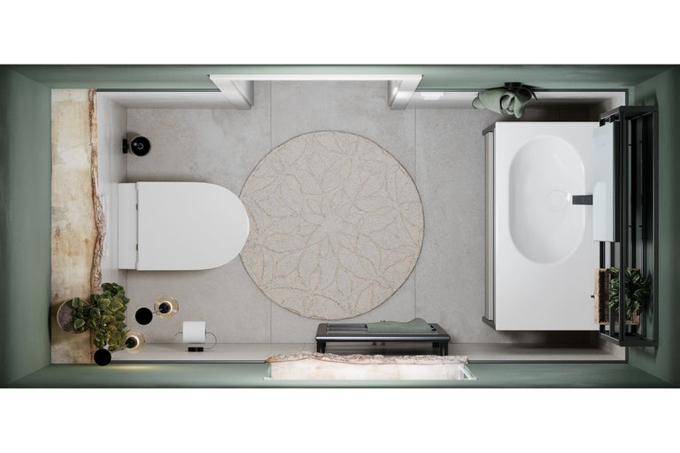 Badkamer bovenaanzicht met ligbad, toilet en rond tapijt