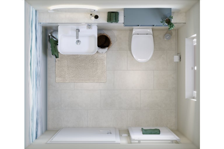 Bovenaanzicht van een badkamer met wastafel, toilet, douche en badkamermeubels