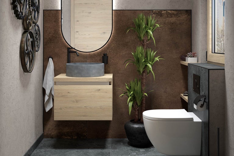 Moderne badkamer met wastafel, spiegel, toilet en decoratie