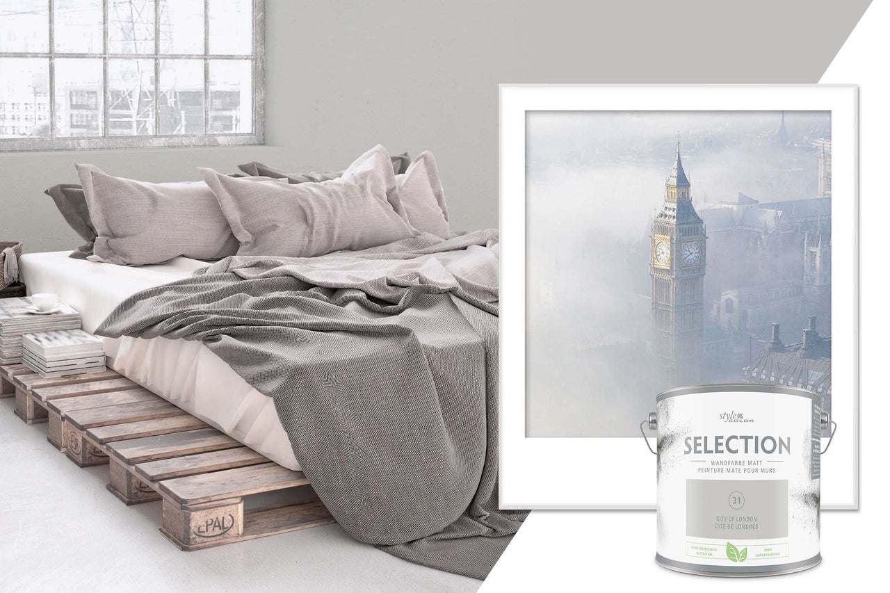Lichte slaapkamer met palletbed en blik Style Color Selection muurverf City of London