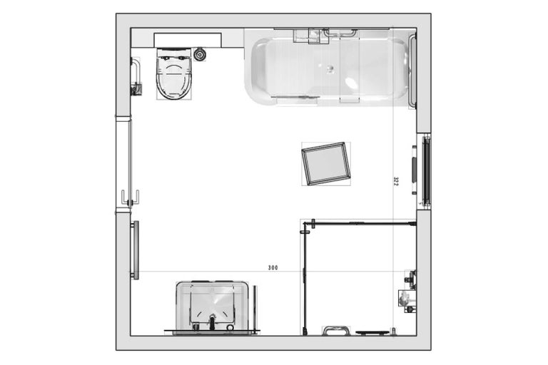 Bovenaanzicht van de badkamer met toilet, bad, wastafel en douchecabine.