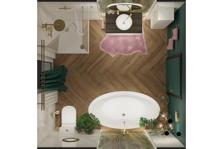 Bovenaanzicht van een badkamer met douche, wastafel, bad en toilet