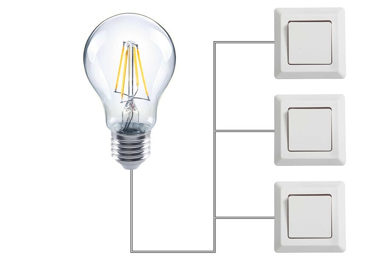 Schakelschema met gloeilamp en drie schakelaars