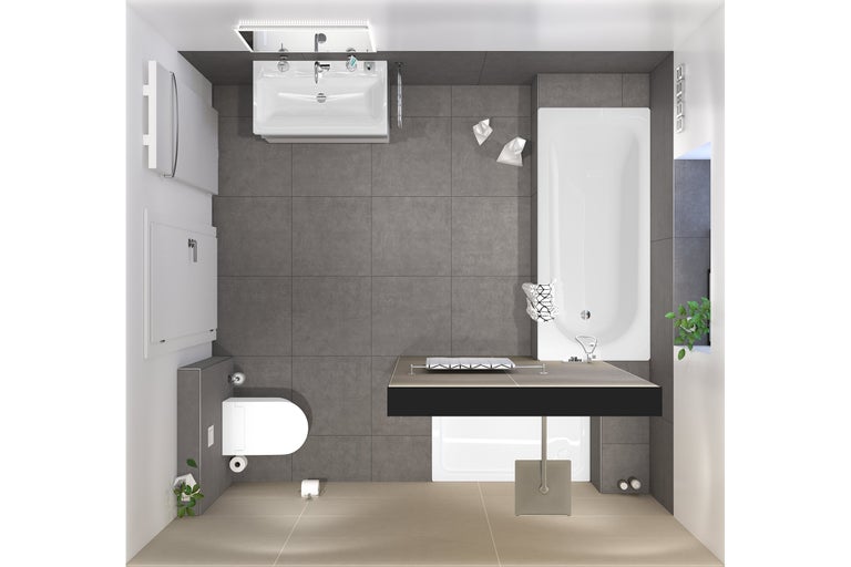 Vogelperspectief van een badkamer met bad, wastafel, toilet en tegels