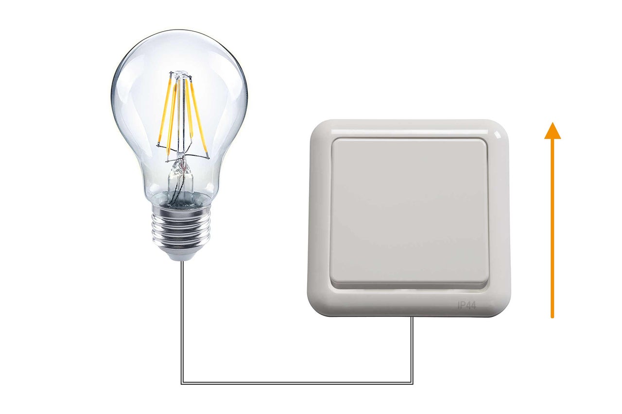 Symbolische weergave van een lichtschakelaar met IP44 beschermingsgraad, verbonden met een gloeilamp
