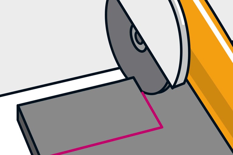 Illustratie van een doorslijpschijf die een werkstuk doorsnijdt.