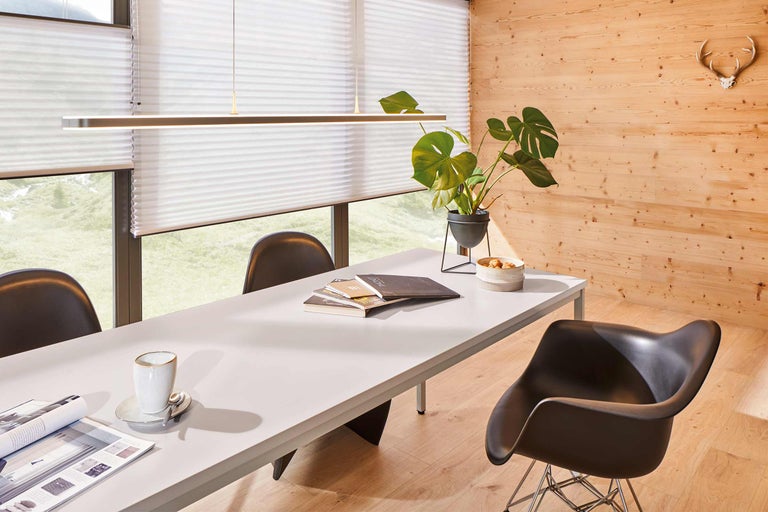 Lichte eetkamer met eettafel, stoelen, kamerplant, hanglamp en plisségordijnen