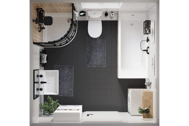 Bovenaanzicht van een badkamer met douche, wastafel, toilet, bad en wasmachine