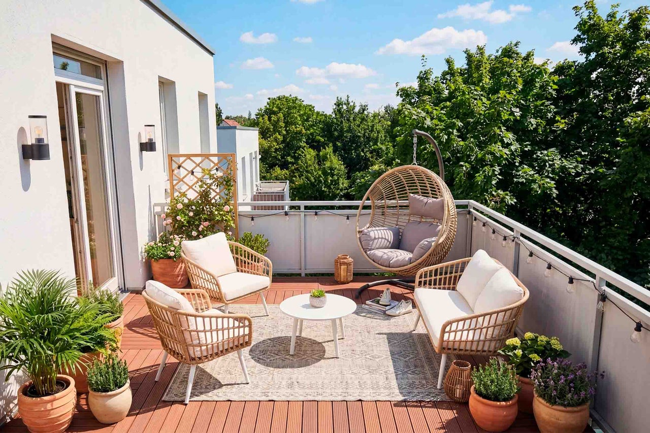 Modern ingericht balkon met loungeset van vlechtwerk, hangstoel, ronde tafel, vloerkleed en diverse planten in potten op een houten vlonder.