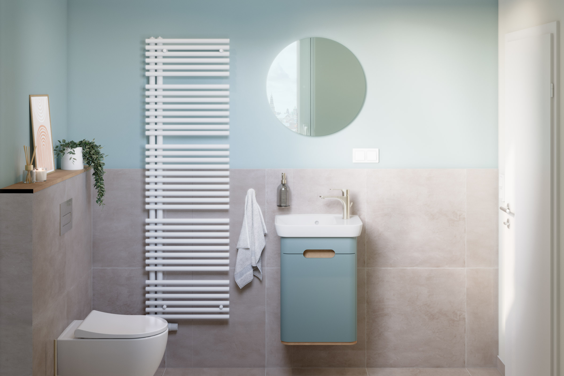 Lichte badkamer met toilet, wastafelonderkast, radiator en spiegel