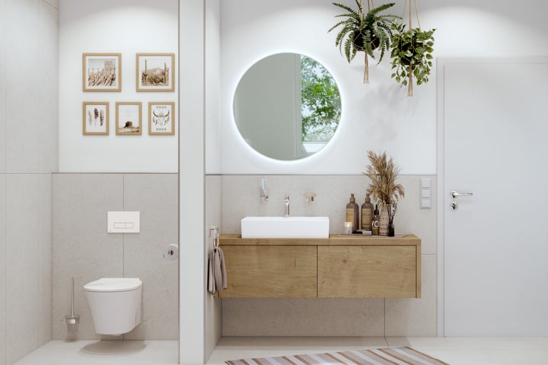 Moderne badkamer met wastafel, spiegel, toilet en decoratie