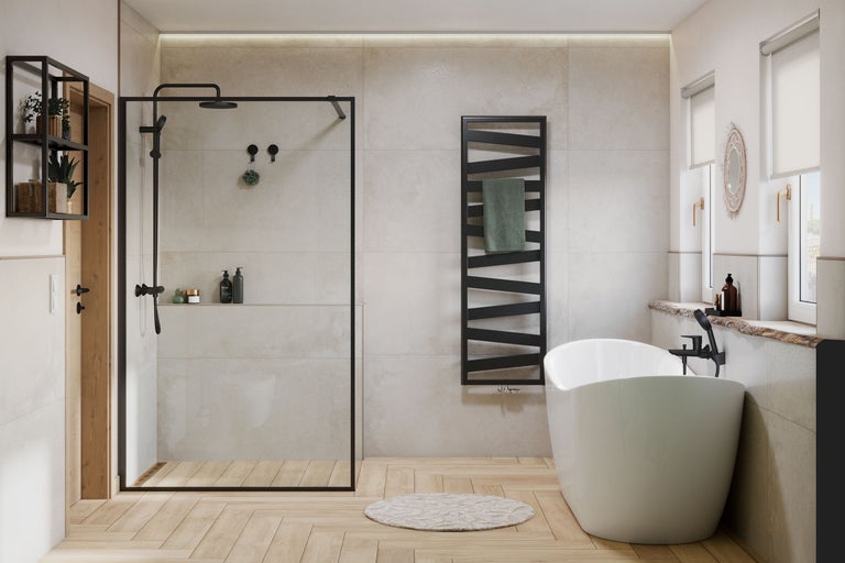 Badkamer met douche, bad en radiator