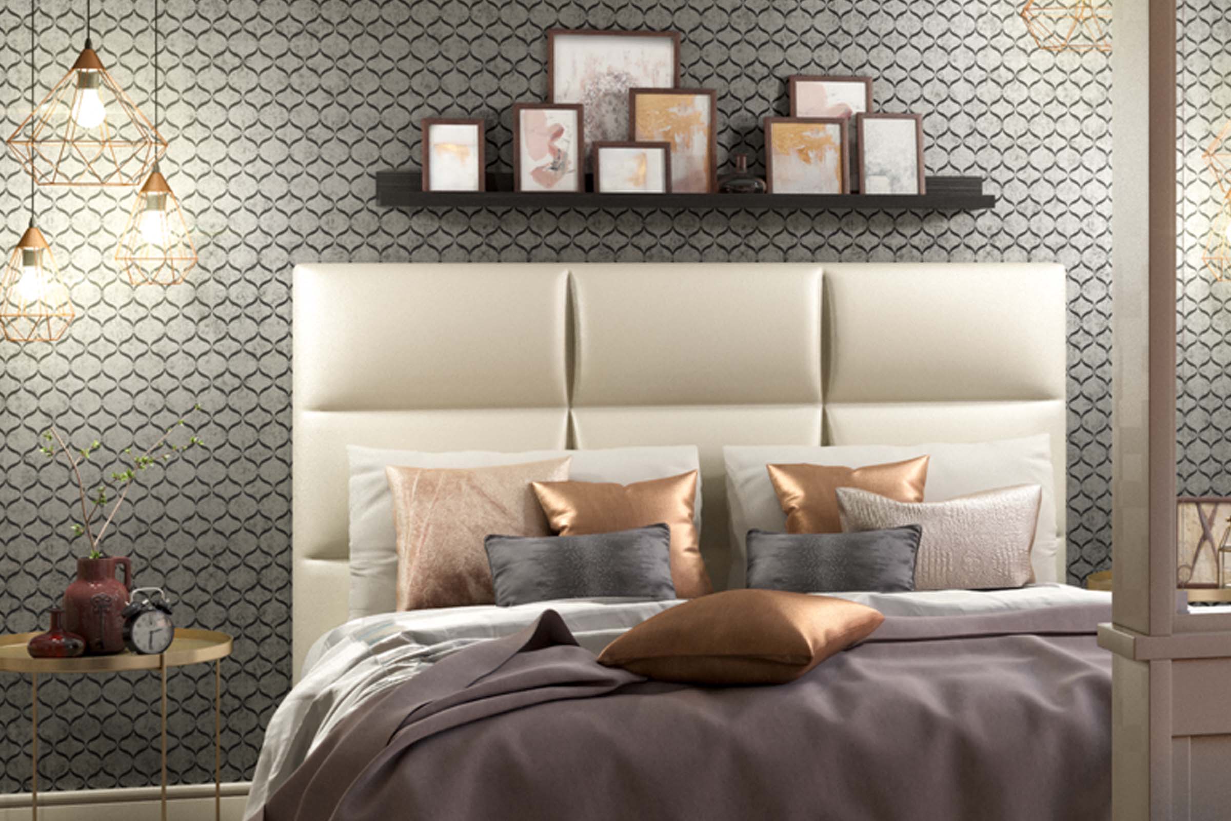 Slaapkamer met bed, nachtkastje en wanddecoratie voor een gezellige sfeer.