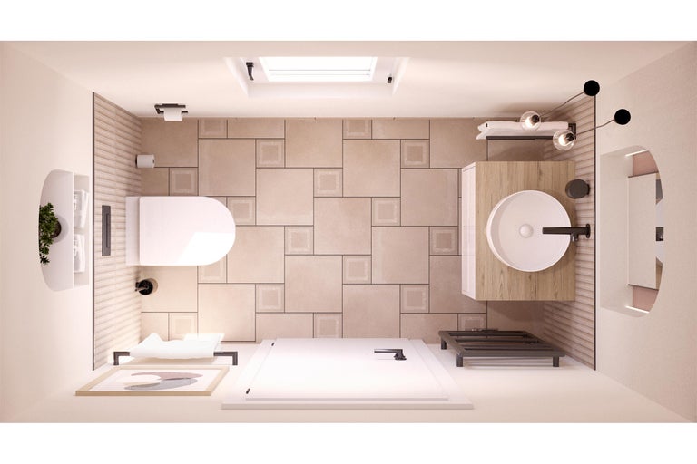 Lichte badkamerweergave van bovenaf met toilet, wastafel, douche en accessoires