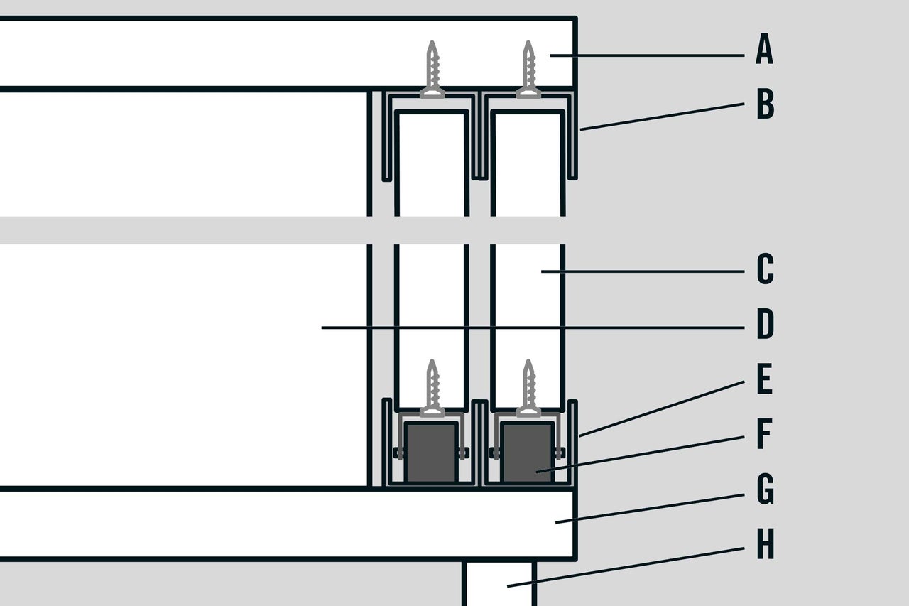 Schematische tekening van een schuifdeur met schroeven en geleiders
