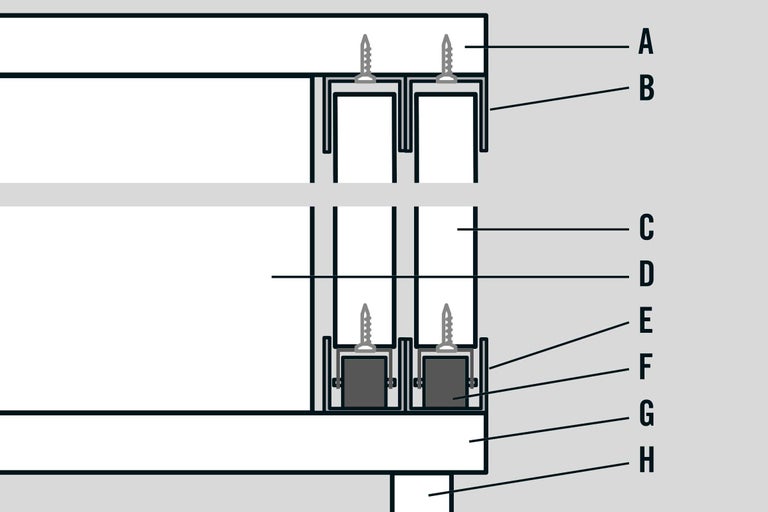 Schematische tekening van een schuifdeur met schroeven en geleiders