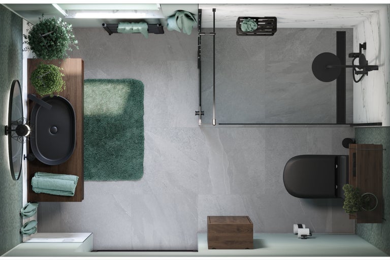 Bovenaanzicht van een moderne badkamer met douche, toilet, wastafel en accessoires