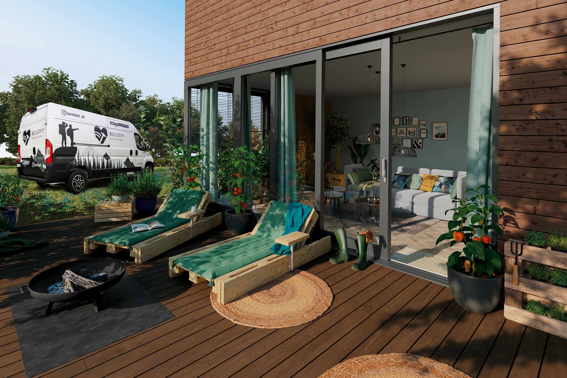 Terras met houten huis, ligstoelen en Hornbach bestelwagen