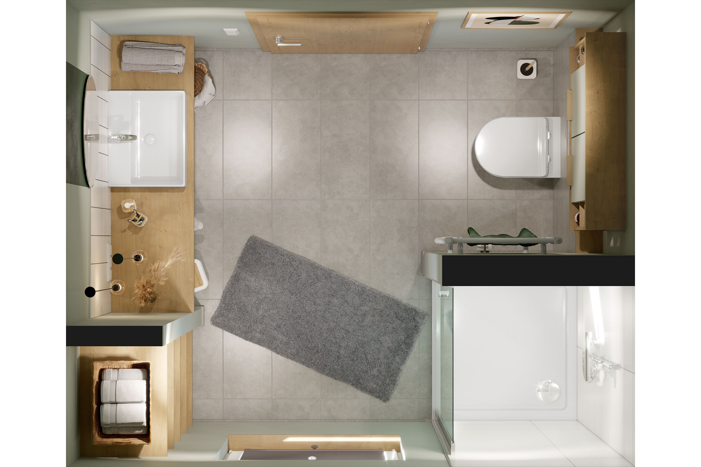 Bovenaanzicht van een badkamer met wastafel, toilet en douche