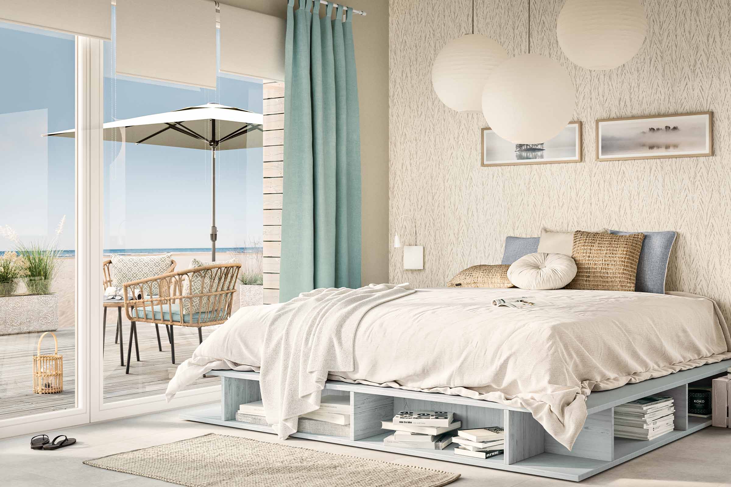 Lichte slaapkamer met laag bedframe met opbergruimte, gordijnen en toegang tot terras met tuinmeubilair