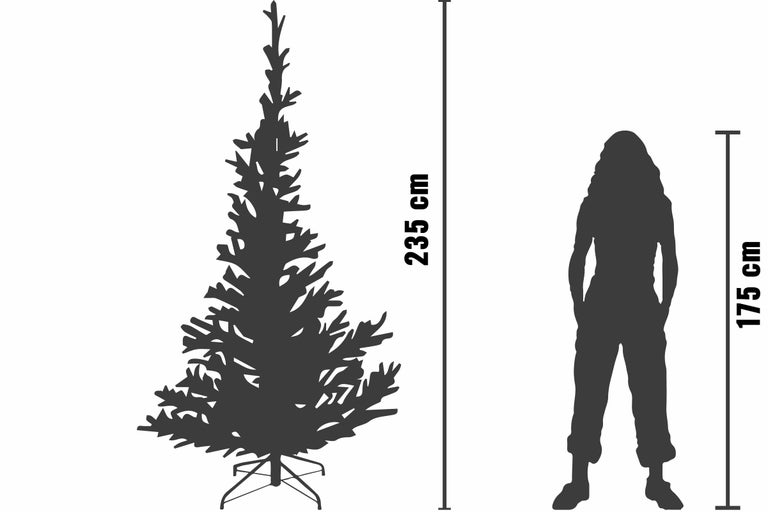 Maatvergelijking: 235 centimeter hoge kunstkerstboom naast een persoon van 175 centimeter