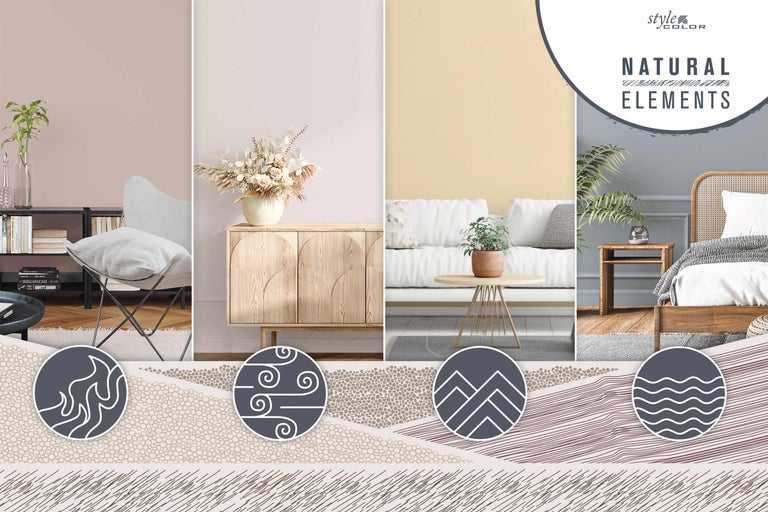 Collage met interieurscènes en de tekst Natuurlijke elementen